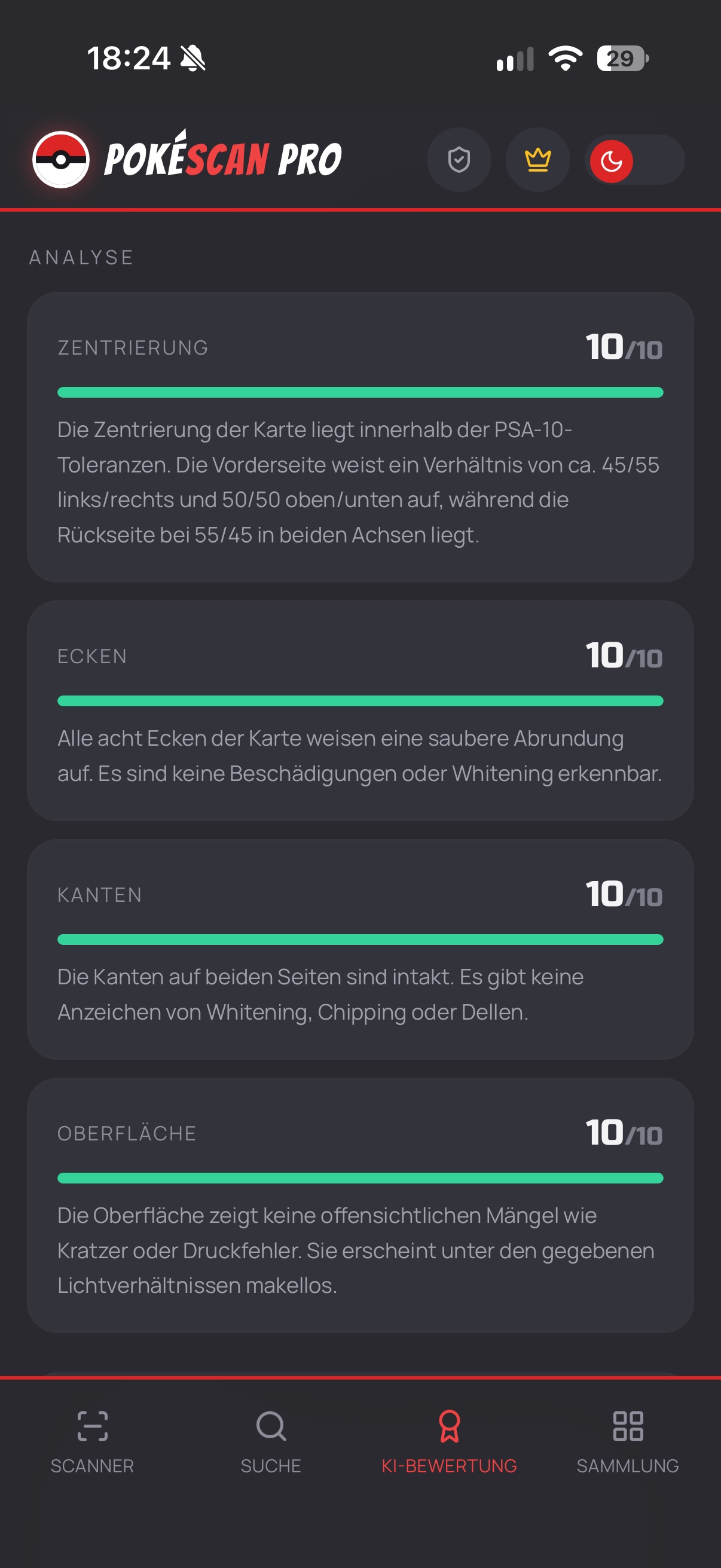 Detaillierte Bewertungsanalyse mit Zentrierungs-, Ecken-, Kanten- und Oberflächenwertung