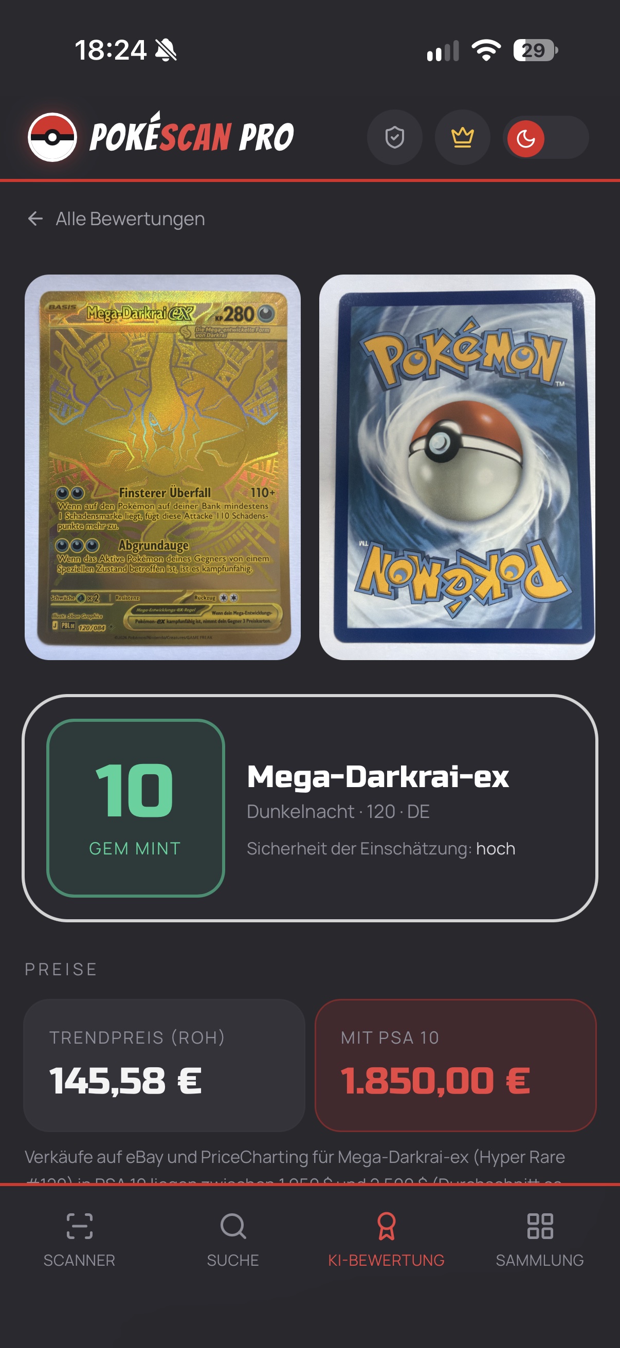 Fotografierte Vorder- und Rückseite einer Mega-Darkrai-ex Karte mit KI-Note und Preisvergleich