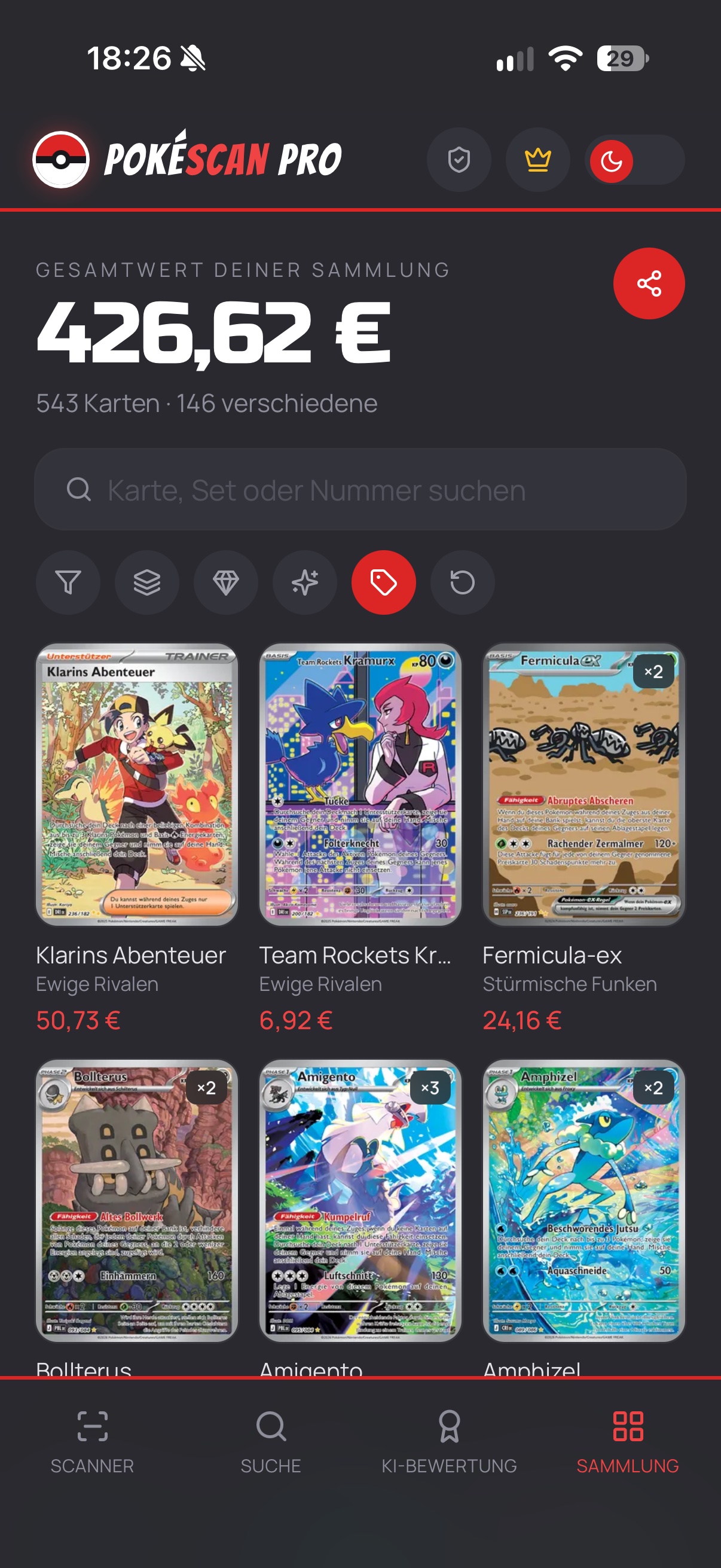 Sammlung nach Karten zum Verkauf gefiltert, mit Einzelpreisen