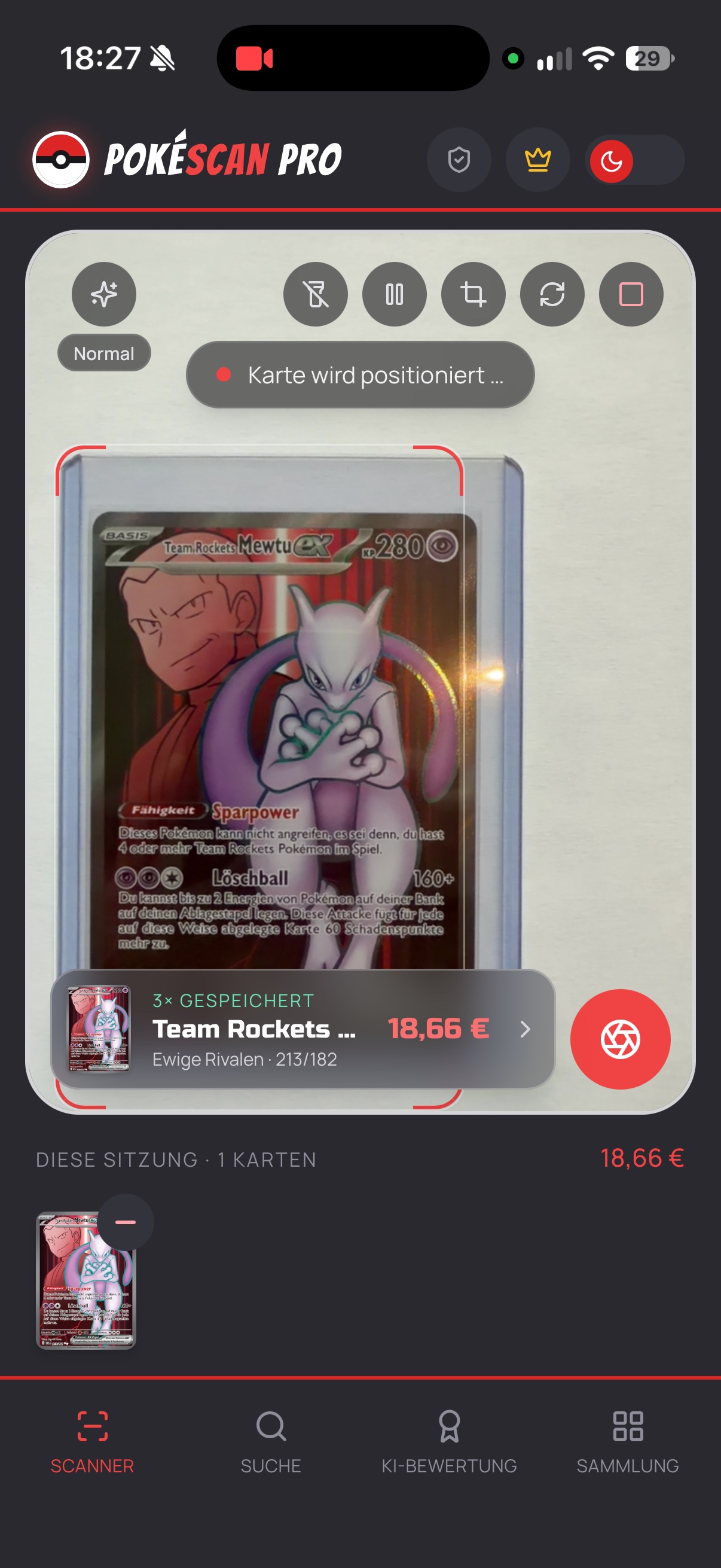 PokéScan Pro Scanner erkennt eine Team Rockets Mewtu-ex Karte live per Kamera und speichert sie automatisch